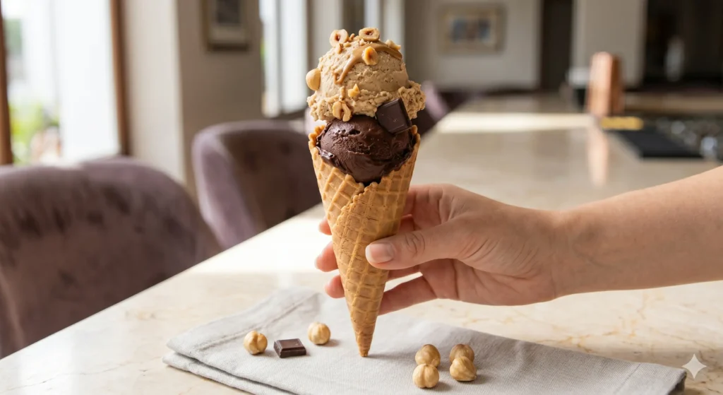 cono doble de chocolate suizo y avellanas