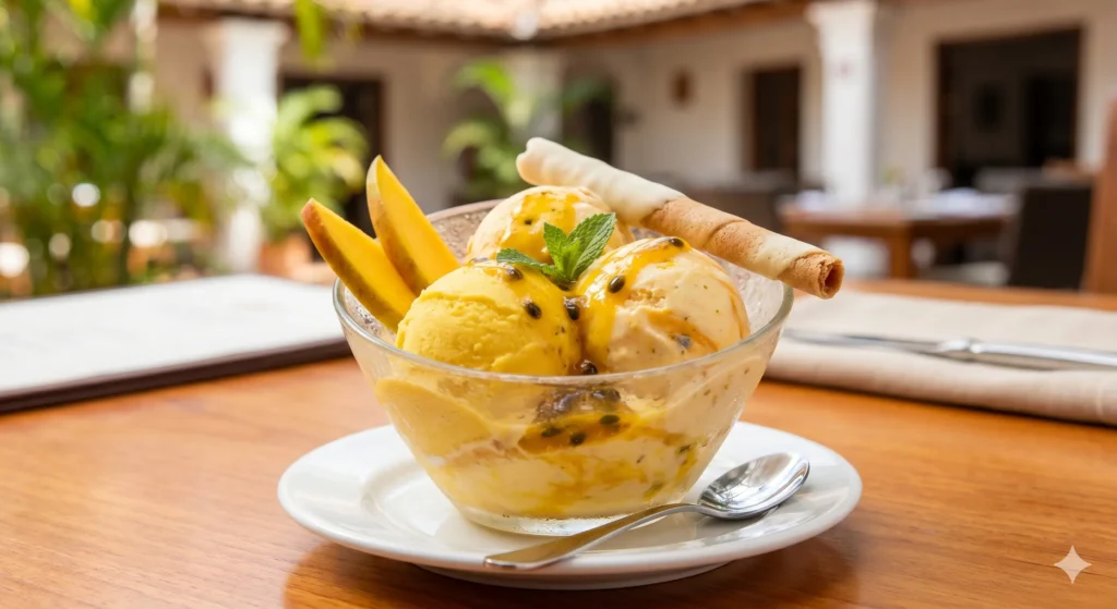 helado cremoso de maracuyá y mango